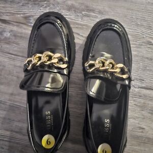 Guess Shiny Black Loafers with Gold Accent
